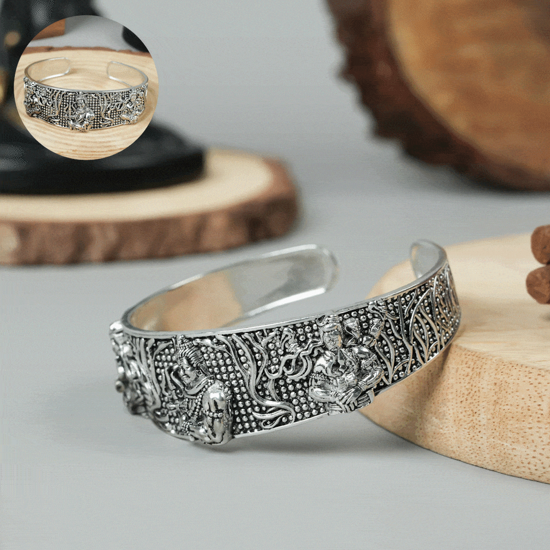 SILVER ENGRAVED MAHAKAL BRACELET/KADA - FREE SIZE